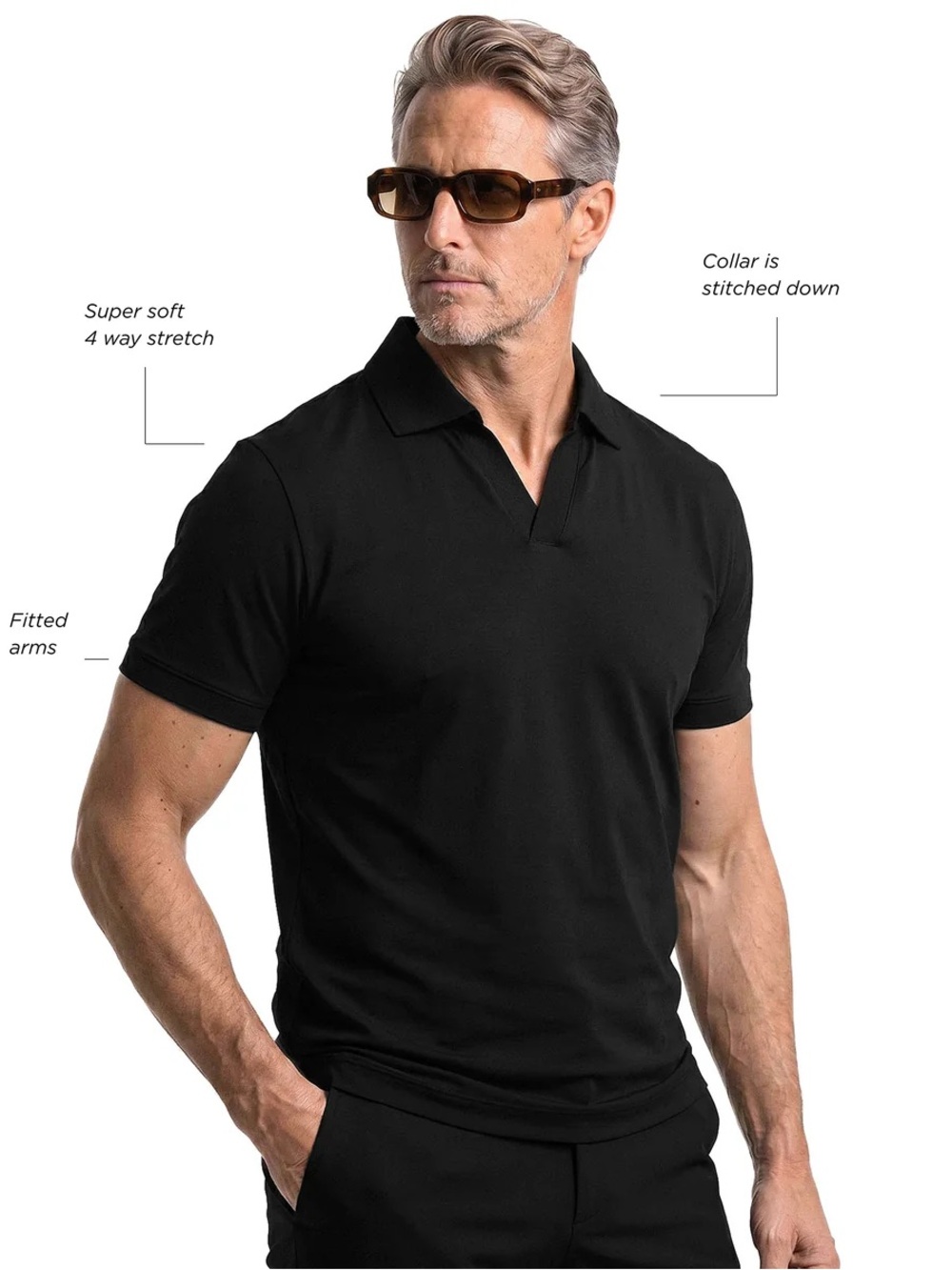 Men's Black Stretch Polo Shirt - Classic Collared Short Sleeve